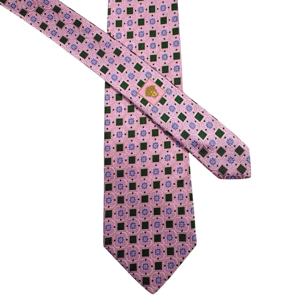 Versace Geometric Print Tie Pink 100% Silk Made in Italy
